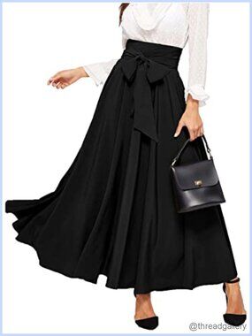 High Waist Pleated Maxi Skirt Tie Front Flowy A-Line